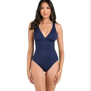 La Blanca One Piece Swimsuit Multi Strap Cross Back Tummy Control  Size US 12